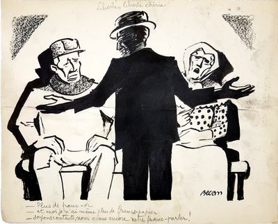 drawing of a man in a top hat talking to a group of people