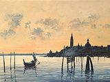 a painting of a man in a boat on the water