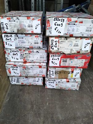 several stacks of boxes of food are stacked on top of each other