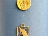 un gros plan sur une médaille d'or et une pièce d'or posées sur un fond bleu