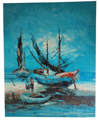 a painting of three boats on the beach with a blue sky in the background