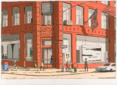drawing of a red building with a flag on the front