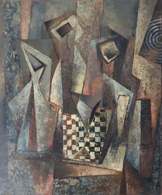 peinture abstraite représentant un échiquier et des pièces d'échecs posés sur une table
