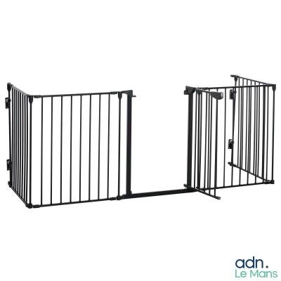 a close up of two black gates with one open and the other closed