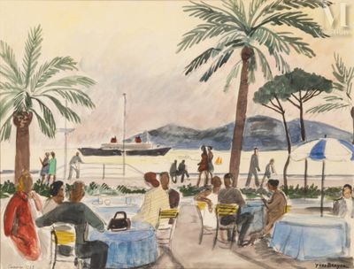a painting of a group of people sitting at a table