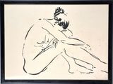 dessin en noir et blanc, encadré, représentant un homme assis à genoux