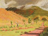 une peinture à l'huile représentant un chemin de terre dans un champ, avec une montagne en arrière-plan
