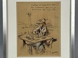 dessin représentant un homme assis à une table avec une tasse de café