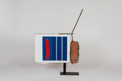 an image of a television set with a red and blue stripe on it