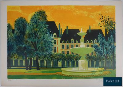 une image représentant un tableau d'une fontaine au milieu d'un parc