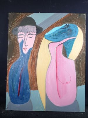 a painting of a woman with a hat and a vase