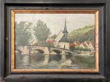 an oil painting of a bridge over a river with a church in the background
