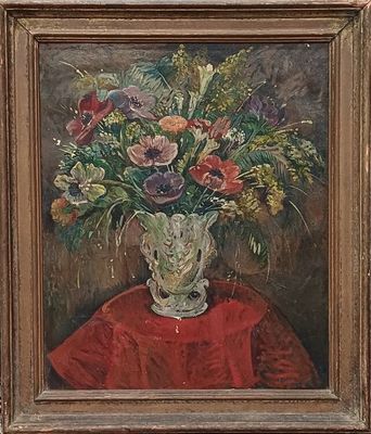 une peinture de fleurs dans un vase sur une table