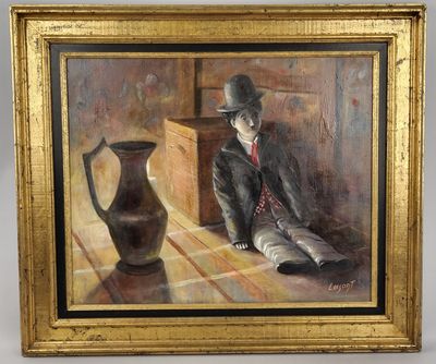un tableau représentant un homme assis par terre à côté d'un vase