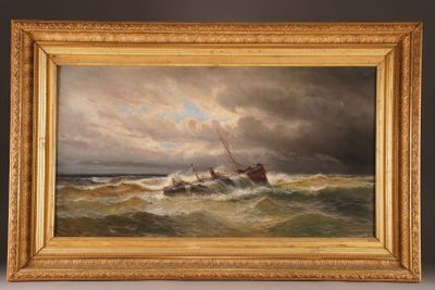 a painting of a man in a boat on a stormy day