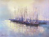 painting of sailboats in a harbor at sunset with a sky background