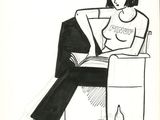 drawing of a woman sitting in a chair with a bottle of wine