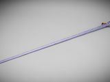 a close up of a long stick with a red handle on a gray background
