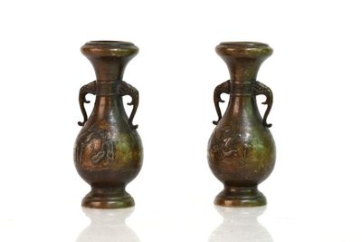 paire de vases anciens en bronze sur fond blanc avec reflet