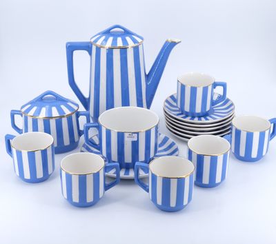 service à thé en porcelaine à rayures bleues et blanches, avec tasses et soucoupes assorties