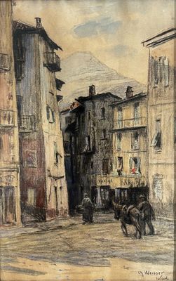 an image of a painting of a street scene with a horse drawn carriage
