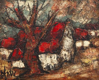 an image of a painting of a red barn and a tree