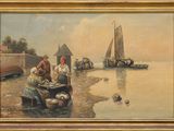 painting of a group of people sitting on a beach next to a body of water