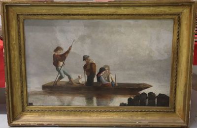 une peinture à l'huile représentant trois hommes dans un bateau sur un lac