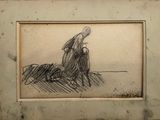 drawing of a woman sitting on the ground with a hat on