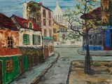 a painting of a street scene with buildings and a tree