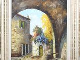 an oil painting of a street scene with a building and a vase