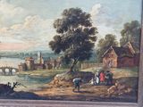 a picture of a painting of a village by the water