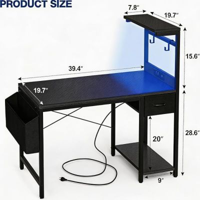 a black desk with a blue top and a black shelf