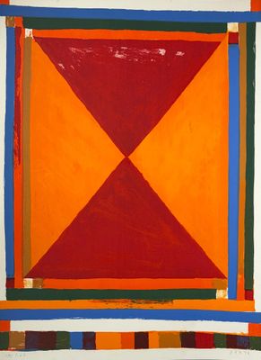 une image représentant un tableau représentant un carré orné d'un motif rouge, orange et bleu