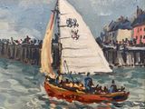 an oil painting of a sailboat in the water near a pier