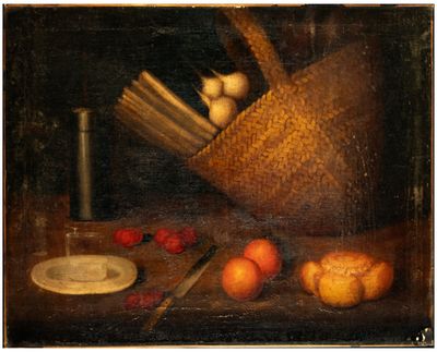 une peinture représentant un panier de fruits et un couteau posés sur une table