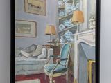 un tableau représentant un salon avec un canapé et un fauteuil