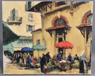a painting of a group of people outside of a building