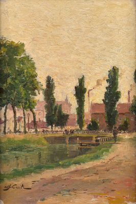 une image représentant un tableau d'un parc avec un banc et des arbres