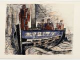 drawing of a boat in a body of water next to a dock