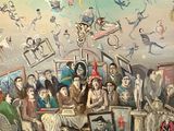 a painting of a group of people sitting in a room