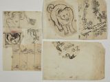 four drawings of animals and birds on old paper