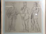 dessin encadré représentant trois hommes debout devant un miroir