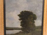 painting of a landscape with a river and trees in the foreground
