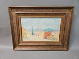 painting of a beach scene with people on the sand and umbrellas in the background