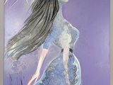 painting of a pregnant woman in a blue dress and a hat