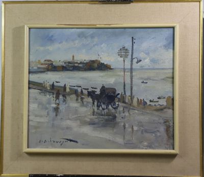 un tableau représentant une calèche tirée par des chevaux sur la plage