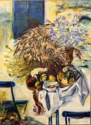 painting of a table with a bunch of fruit and flowers on it