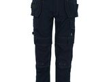 a close up of a pair of blue work pants on a white background