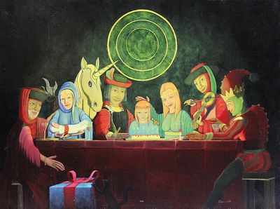 a painting of a group of people sitting at a table